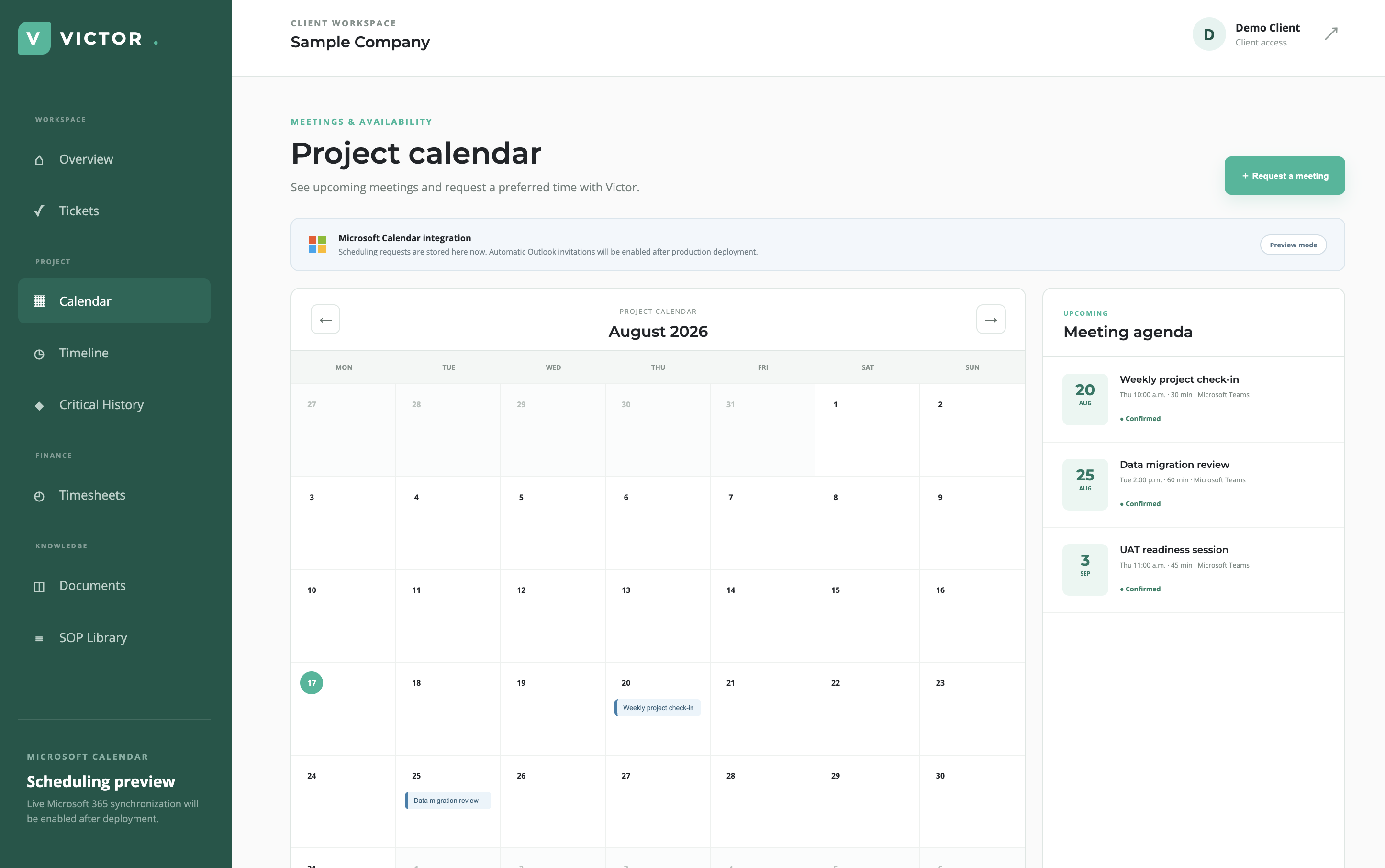 Client project calendar and meeting agenda