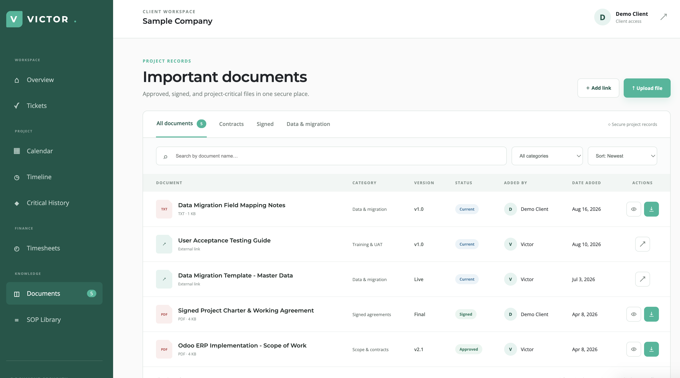 Important project documents with category, version, and approval status
