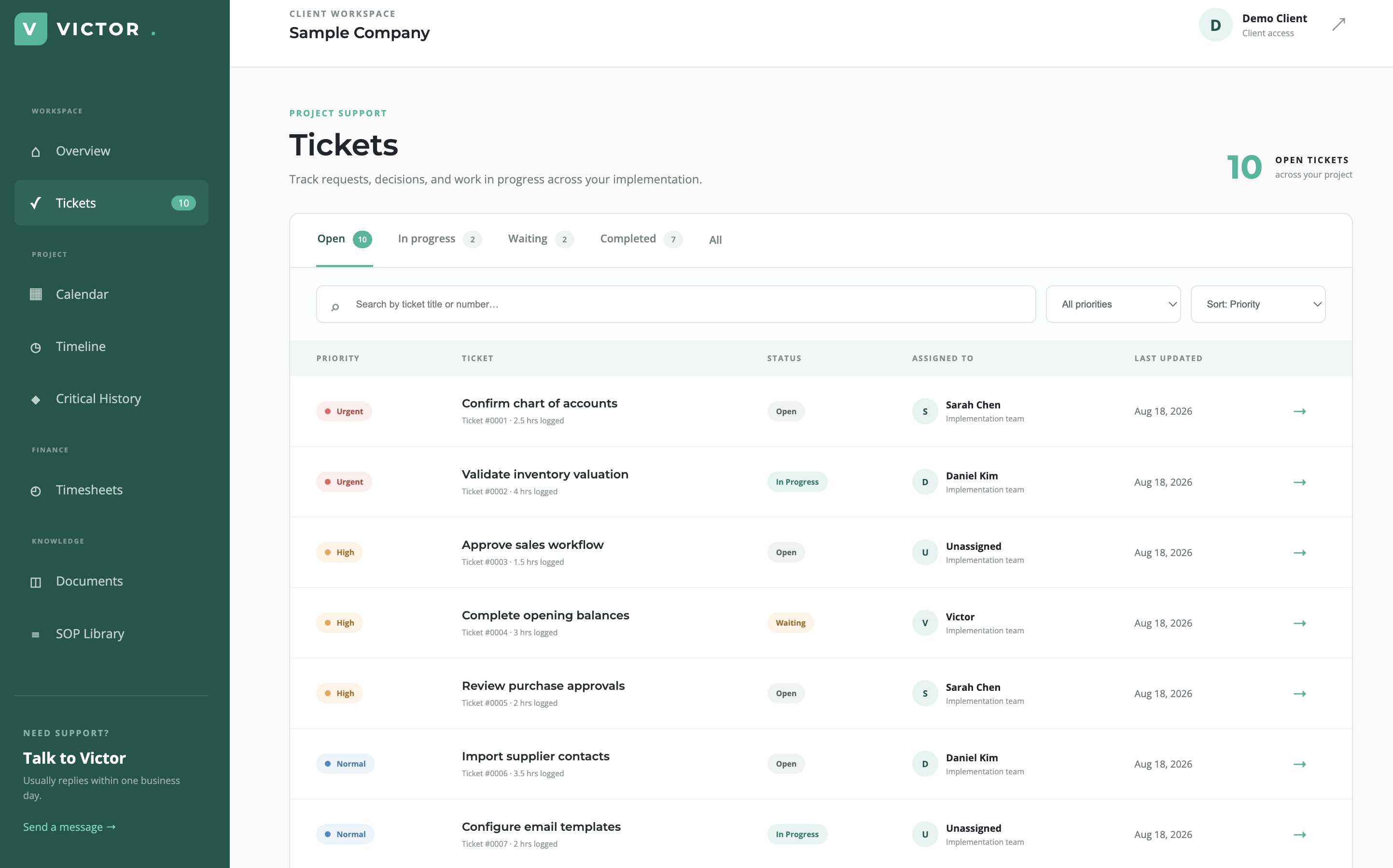 Client project support tickets
