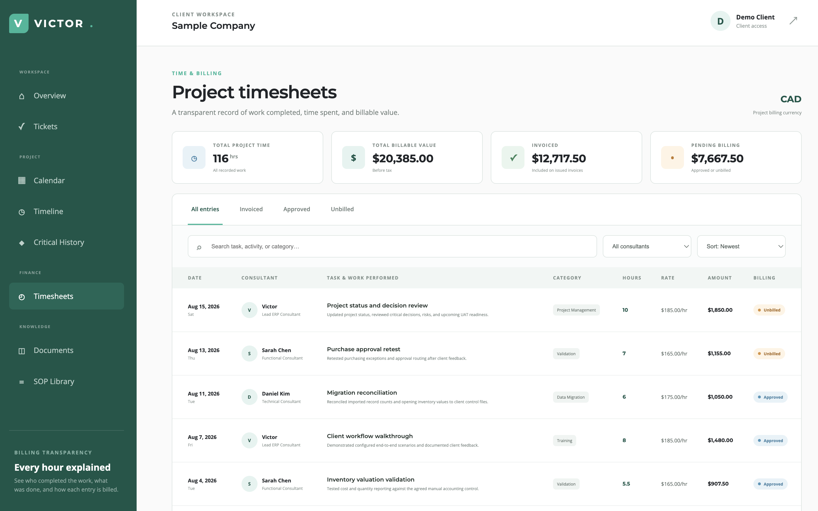 Transparent consultant timesheets showing work, hours, rates, and billing status